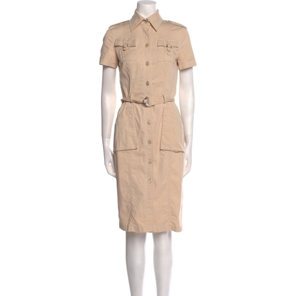 Escada Cream Fitted Belted Short Sleeve Button-Up Midi Shirt Dress Utility - Picture 3 of 11